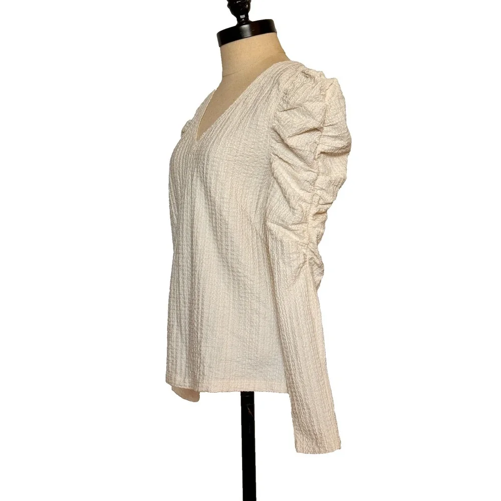 NWT LOFT Womens‎ S Top Long Sleeve Puff Shoulders Ivory Cream Ruched Stretch